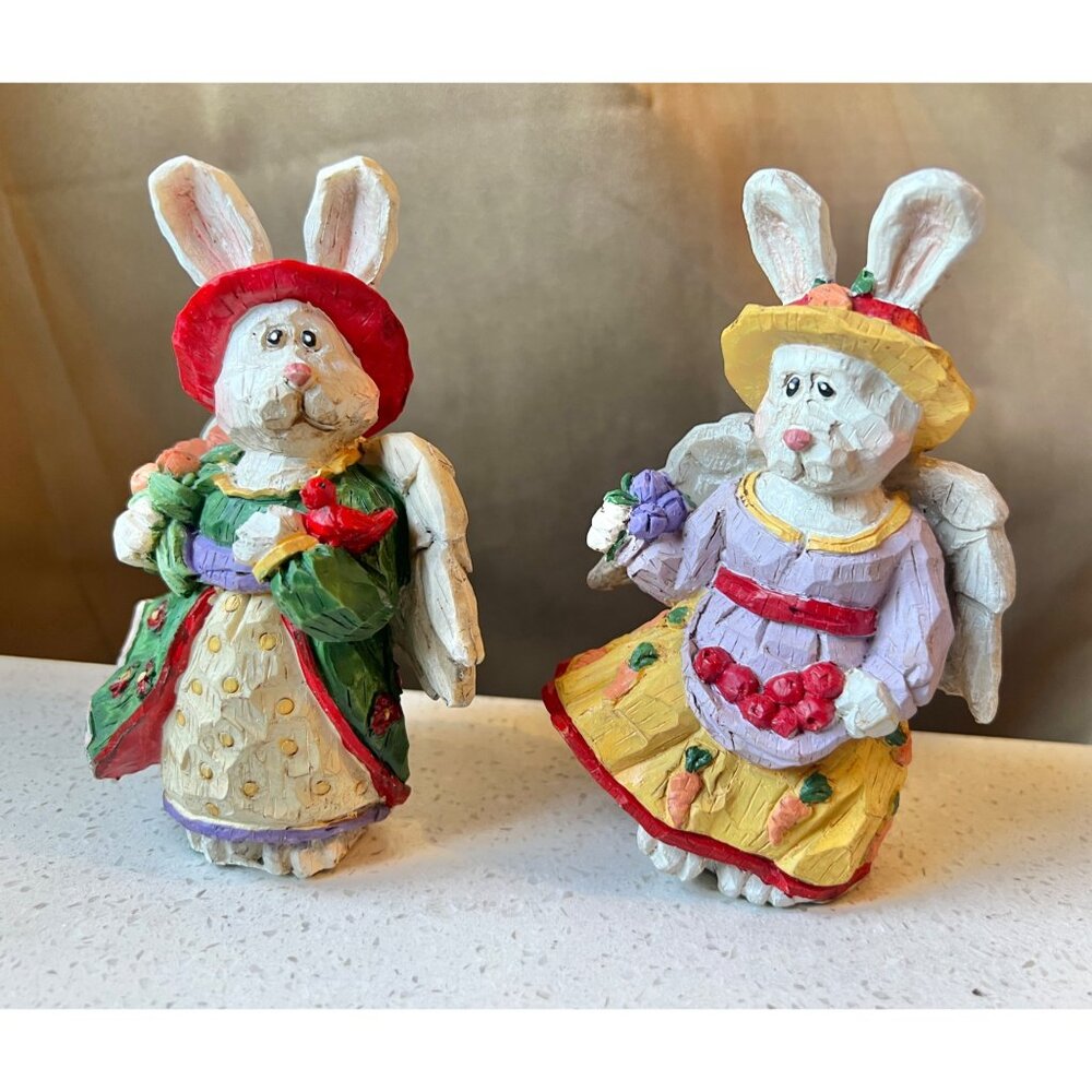 Two Bunny Garden Angel Figurines With Hats & Dresses Hand-Painted Decor - Picture 2 of 12